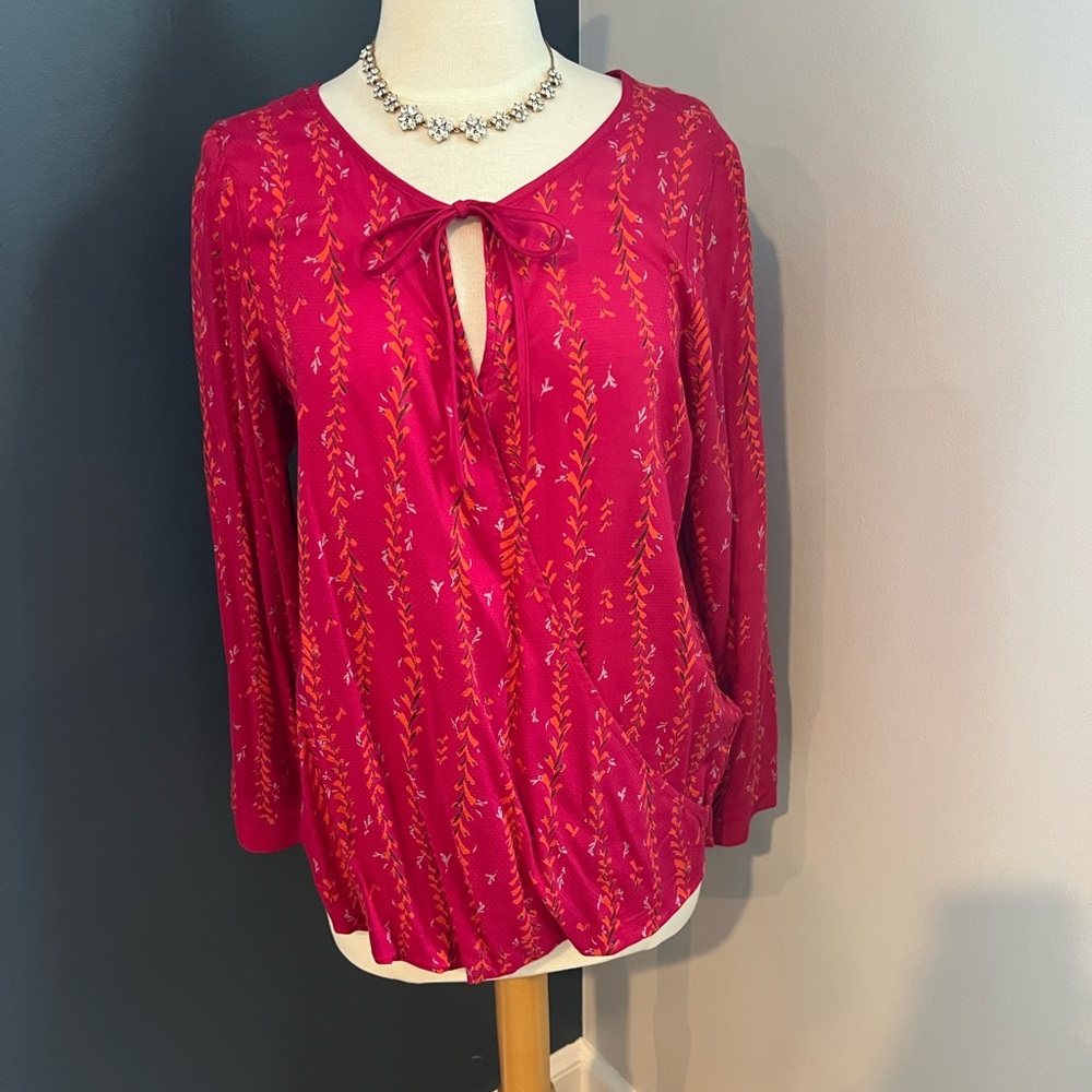 Lucky Brand Vibrant Pink/Red Floral Tie Neck Blouse Size S Boho Long Sleeve